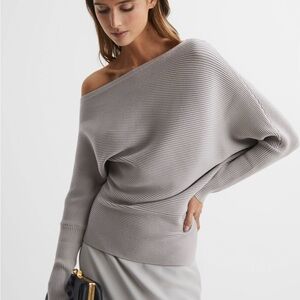 Reiss Gray Off-the-Shoulder Sweater with Knit Texture